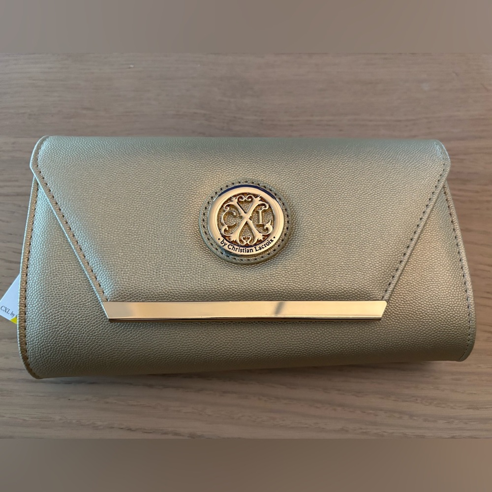 Christian Lacroix Glam Caviar Clutch In Gold with Chain - NWT
